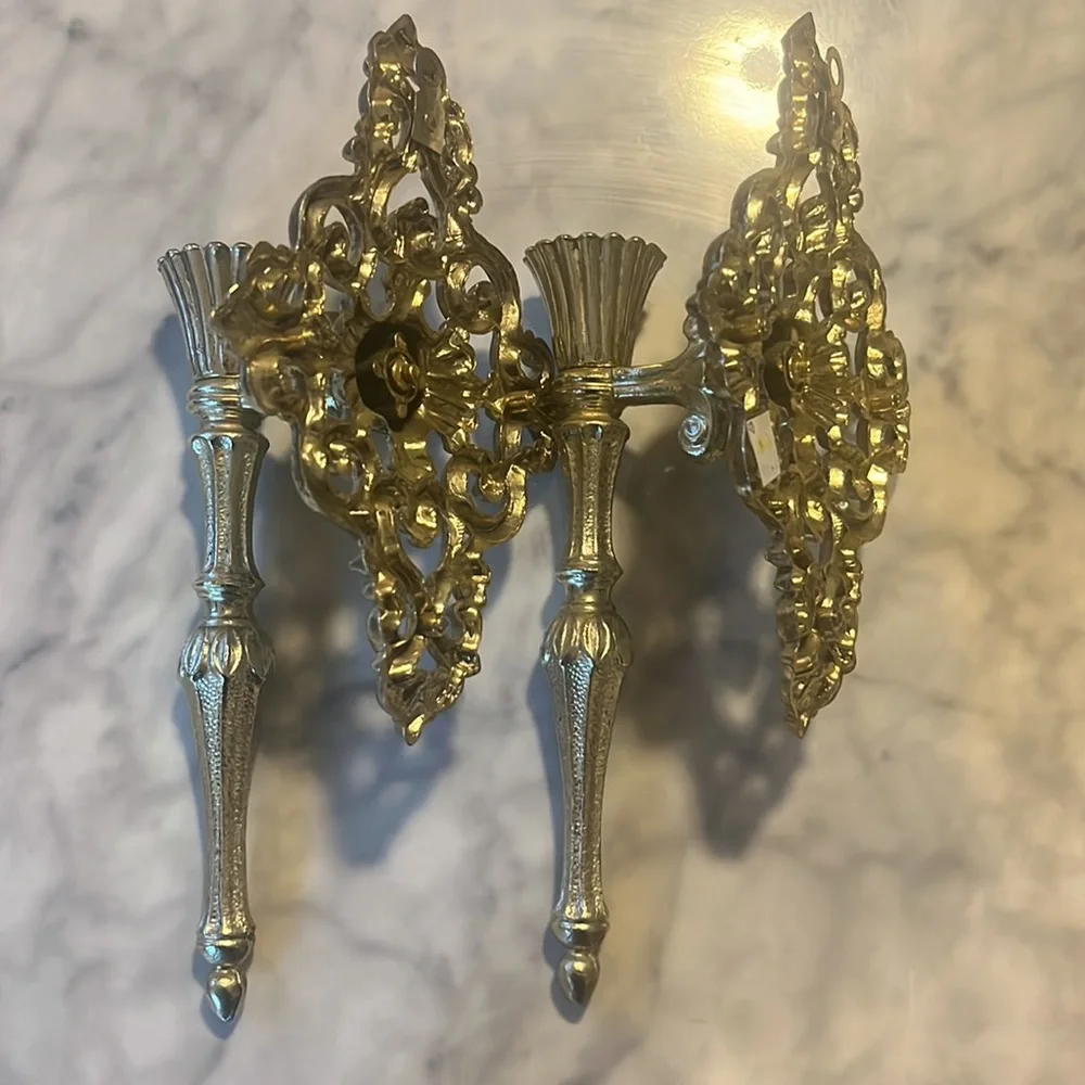 Vintage Gold Tone Ornate metal Hollywood Regency wall Hanging pair candlestick
